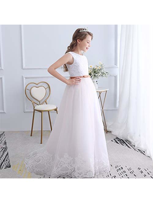 KissAngel Ivory Long Lace Flower Girl Dresses Champagne Less Party Dress