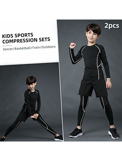 Tesuwel 2/3/4 Pcs Boys Girls Base Layer Athletic Compression Leggings and Shirts Thermal Underwear Set Running Pants Tights