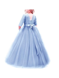 Girls 3/4 Sleeve Flower Tulle Lace Wedding Party Dress Floor Length Princess Long Prom Formal Pageant Evening Maxi Gown