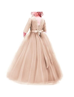 Girls 3/4 Sleeve Flower Tulle Lace Wedding Party Dress Floor Length Princess Long Prom Formal Pageant Evening Maxi Gown
