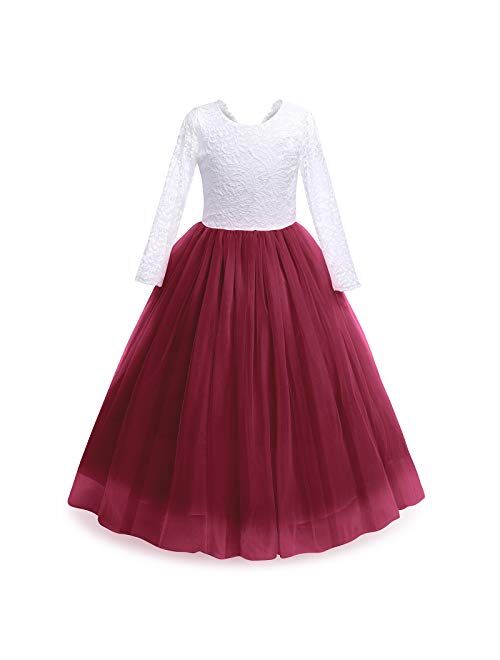 IBTOM CASTLE Girls 3/4 Sleeve Flower Tulle Lace Wedding Party Dress Floor Length Princess Long Prom Formal Pageant Evening Maxi Gown