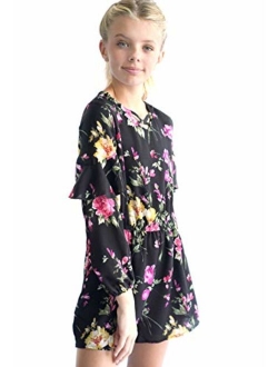 Smukke, Big Girls Gorgeous Floral Printed Long Sleeves Romper with Pockets (with Options), 7-16
