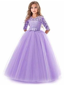 KISSOURBABY Girl Long Sleeve Lace Tutu Princess Pageant Dresses Kids Prom Ball Gown for 2-14 Years