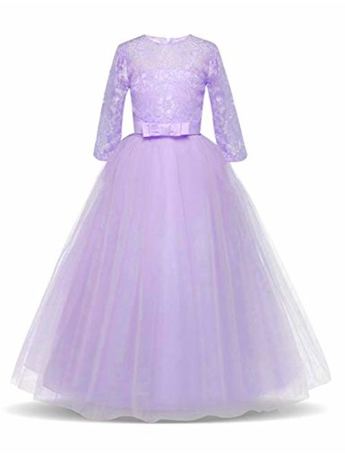 KISSOURBABY Girl Long Sleeve Lace Tutu Princess Pageant Dresses Kids Prom Ball Gown for 2-14 Years