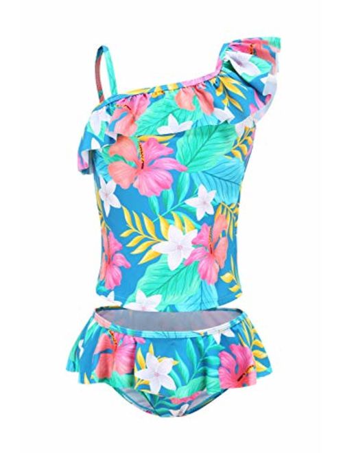 ADUKIDE Girls Swimsuit Summer Hawaii 2-Piece Bathing Suit Ruffle One Shoulder Tankini Swimwear Size 5-12T 