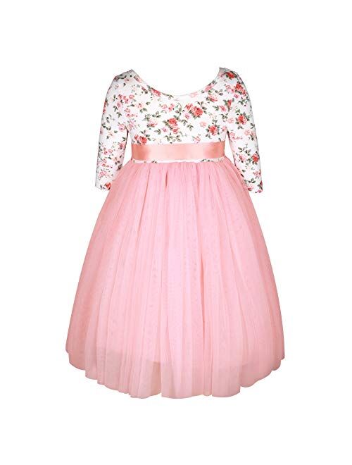 Flofallzique Floral Girls Party Dress Long Sleeves Tulle Spring Toddler Valentine Dress