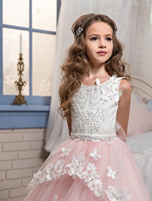 Flower Girl Dress Kids Lace Beaded Pageant Ball Gowns