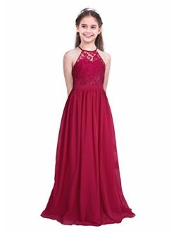 iEFiEL Girls Halter Lace Chiffon Flower Wedding Bridesmaid Dress Junior Ball Gown Formal Party Pageant Maxi Dress