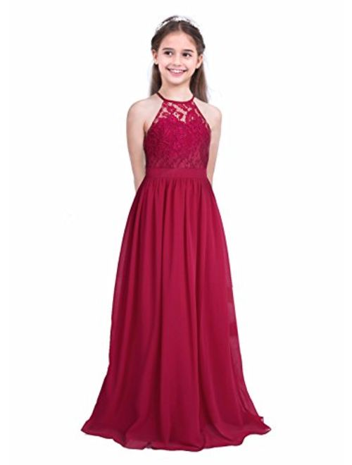 iEFiEL Girls Halter Lace Chiffon Flower Wedding Bridesmaid Dress Junior Ball Gown Formal Party Pageant Maxi Dress