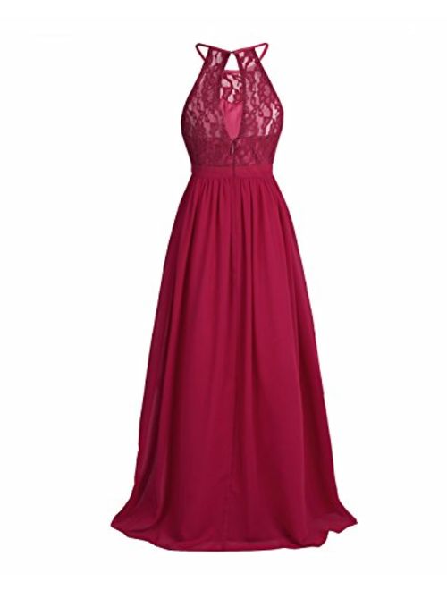 iEFiEL Girls Halter Lace Chiffon Flower Wedding Bridesmaid Dress Junior Ball Gown Formal Party Pageant Maxi Dress