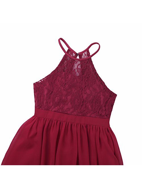 iEFiEL Girls Halter Lace Chiffon Flower Wedding Bridesmaid Dress Junior Ball Gown Formal Party Pageant Maxi Dress