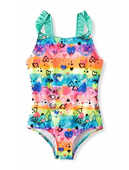 Wonder Nation Girls Emoji Ruffled One-Piece Swimsuit and Aqua Mint Kaftan Coverup