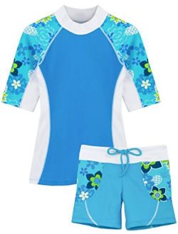 Tuga Girls Two-Piece Short Sleeve Swimsuit Set 2-14Years, UPF 50+ Sun Protection
