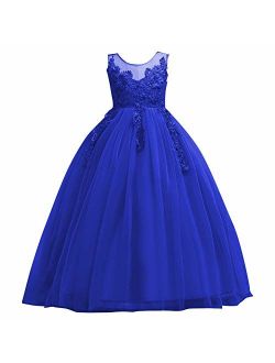 5-16T Little/Big Girls Floor Length Lace Tulle Bridesmaid Dress Flower Pageant Party Wedding Maxi Evening Dance Gown