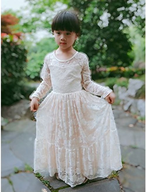 CQDY Lace Flower Girl Dress Long Sleeves Wedding Princess Dresses