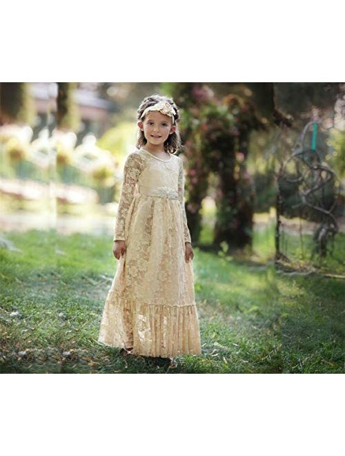 CQDY Lace Flower Girl Dress Long Sleeves Wedding Princess Dresses