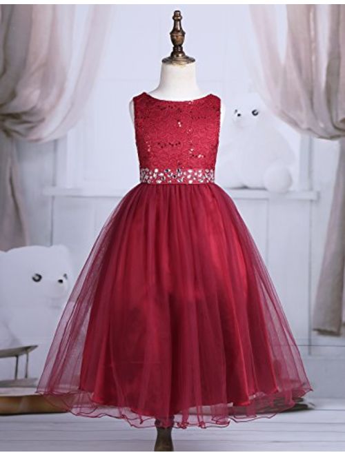 YiZYiF Kids Sequins Rhinestone Belt Embroidered Communion Pageant Wedding Party Flower Girls Dresses