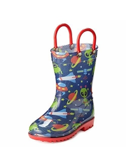 Puddle Play Toddler and Kids Rain Boots with Easy On Handles - Boys and Girls Colors and Designs