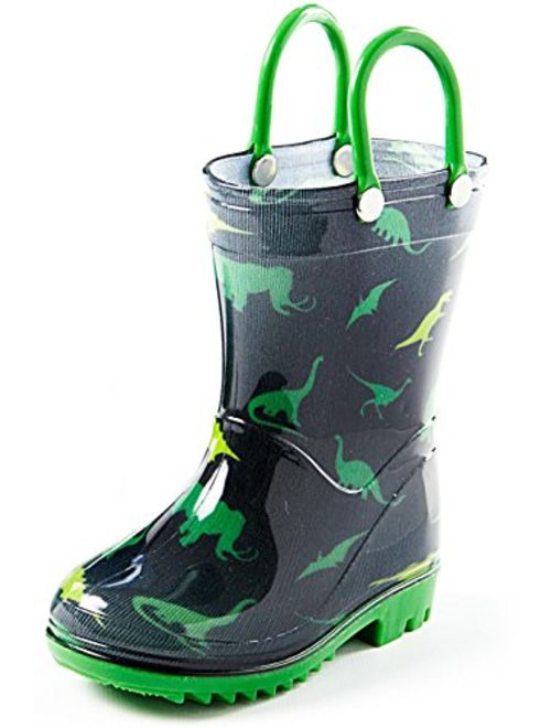 Puddle Play Toddler and Kids Rain Boots with Easy On Handles - Boys and Girls Colors and Designs