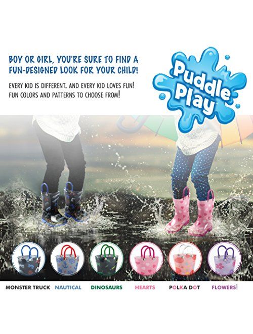 Puddle Play Toddler and Kids Rain Boots with Easy On Handles - Boys and Girls Colors and Designs