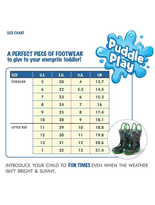 Puddle Play Toddler and Kids Rain Boots with Easy On Handles - Boys and Girls Colors and Designs