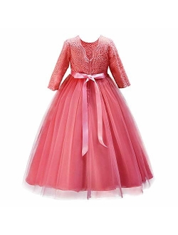 IWEMEK Girls 3/4 Sleeve Tulle Lace Flower Wedding Bridesmaid Dress Floor Length A Line Formal Pageant Long Prom Evening Gown