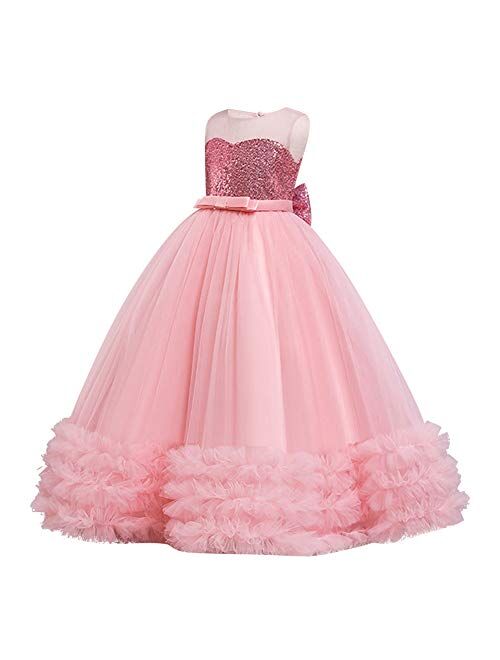 IBTOM CASTLE Little Big Girl Flower Tulle Dress Princess Pageant Birthday Party Wedding Formal Floor Long Dance Evening Maxi Gown