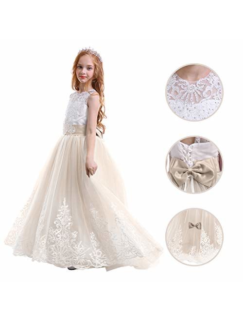 FYMNSI Flowers Girls Applique Tulle Lace Wedding Dress First Communion Birthday Christmas Prom Ball Gown 2-13T