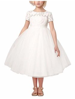 FEESHOW Crochet Lace Flower Girl Dress Kids First Communion Wedding Party Dress with Bow Sash
