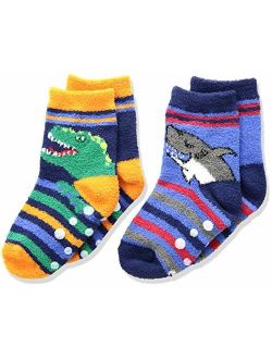 Jefferies Socks Boys' Little Dinosaur and Shark Fuzzy Non-Skid Slipper Socks 2 Pair Pack, Multi