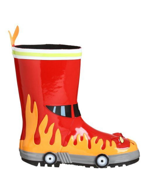 Kidorable Red Fireman Natural Rubber Rain Boots w/Fun Flame Pull On Heel Tab