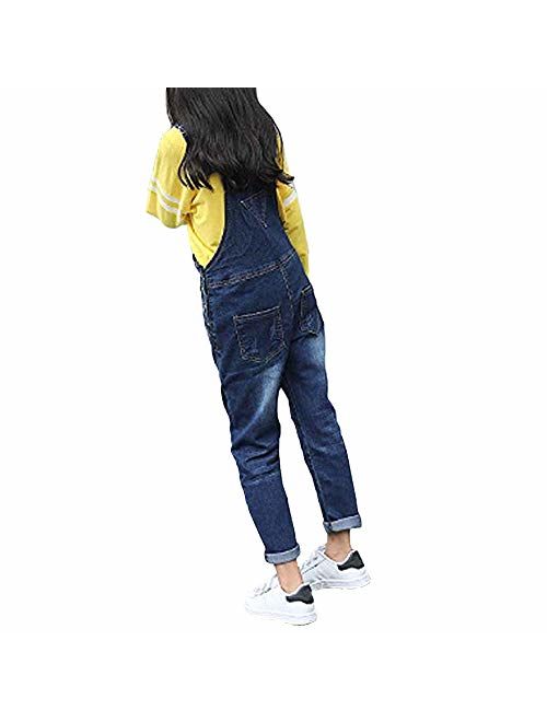 Digirlsor Kids Girls Distressed Bib Pants Overalls Blue Ripped Denim Romper Jumpsuit Long Jeans,3-14 Years