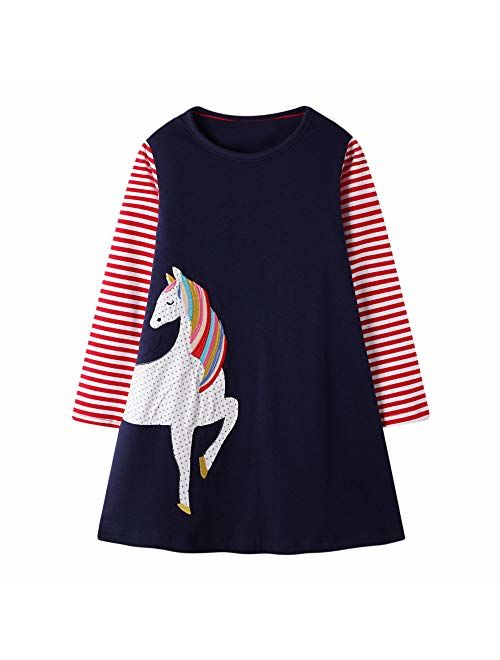 Unicorn Appliqued Girls Cotton Dress Casual Baby Girl Clothing
