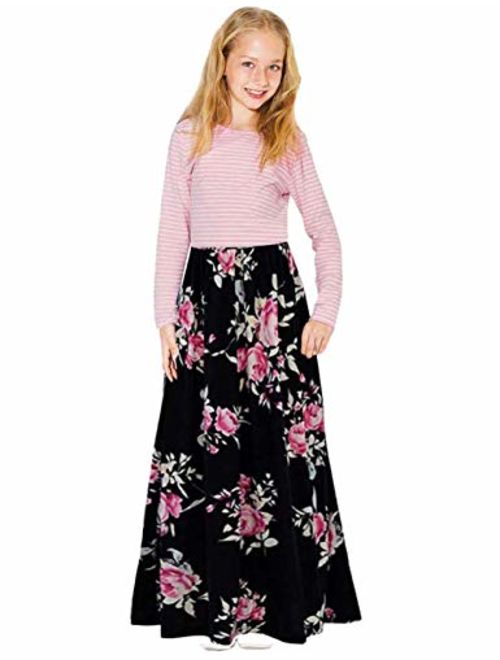 KIMIDY Girl Maxi Dress Kids Casual Striped Floral Long Sleeve Dresses with Pockets(6-12yrs)