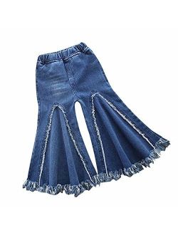 Danmeifu Kids Little Girls Tassel Bell Bottom Flare Pants Denim Jeans Trousers