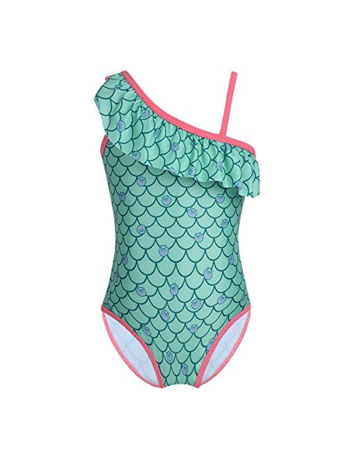 ranrann Girls One Piece Swimsuit One Shoulder Straps Mermaid Scales Printed Swimwear Bathing Suit