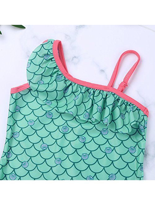 ranrann Girls One Piece Swimsuit One Shoulder Straps Mermaid Scales Printed Swimwear Bathing Suit