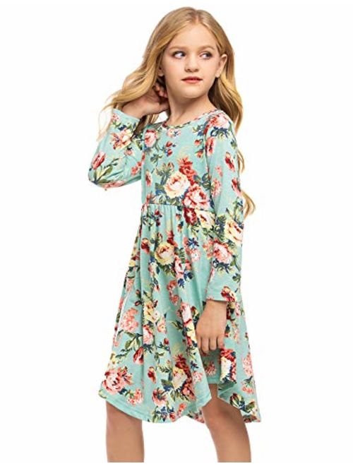 Arshiner Little Girls Long Sleeve A-Line Boho Dress Floral Print Midi Skater Dress