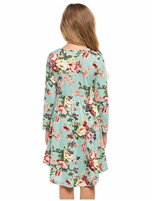 Arshiner Little Girls Long Sleeve A-Line Boho Dress Floral Print Midi Skater Dress