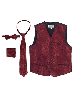 Boy's 4 Piece Formal Paisley Tuxedo Vest, Bowtie, Tie, Pocket Square Set