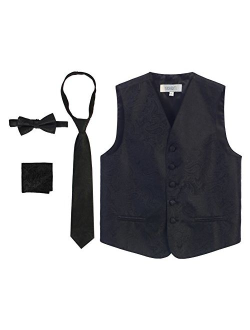 Gioberti Boy's 4 Piece Formal Paisley Tuxedo Vest, Bowtie, Tie, Pocket Square Set