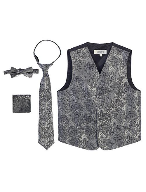 Gioberti Boy's 4 Piece Formal Paisley Tuxedo Vest, Bowtie, Tie, Pocket Square Set