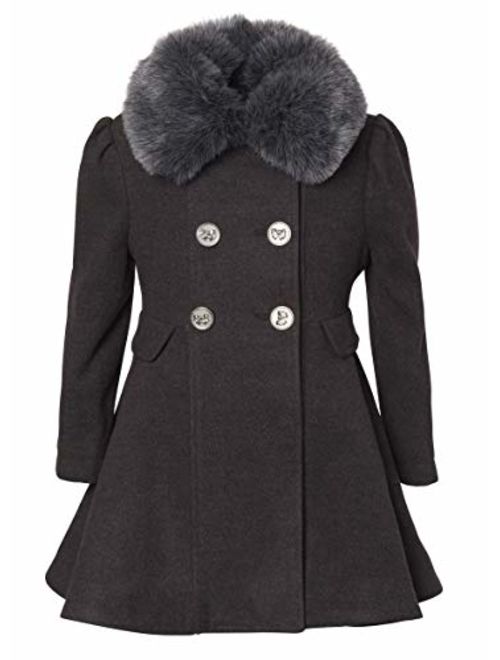 CREMSON Girls Wool Look Princess Winter Dress Pea Coat Jacket Faux Fur Collar