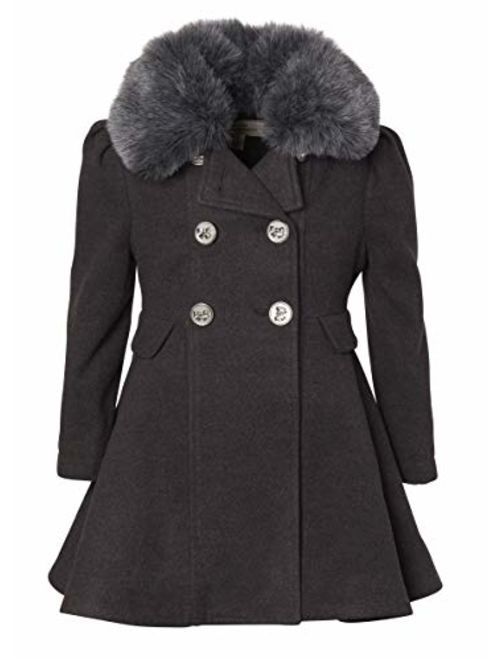 CREMSON Girls Wool Look Princess Winter Dress Pea Coat Jacket Faux Fur Collar