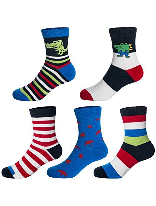 Leping Boys' Crew Socks Kids Toddler Little Boys Fashion Seamless Cotton Striped Athletic Socks 5 Pairs Pack