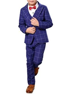 Boys Plaid Gray Blue Red Suit Set with Grid 3 Pieces Jacket Vest Pants Set