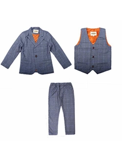 Boys Plaid Gray Blue Red Suit Set with Grid 3 Pieces Jacket Vest Pants Set
