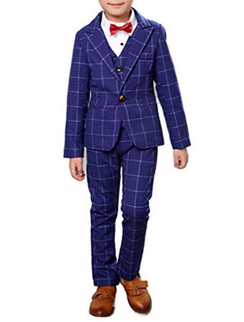 Boys Plaid Gray Blue Red Suit Set with Grid 3 Pieces Jacket Vest Pants Set 