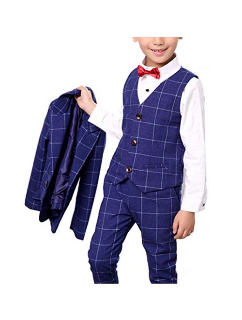 Boys Blue Suit Set with Grid 3 Pieces Jacket Vest and Pants Set