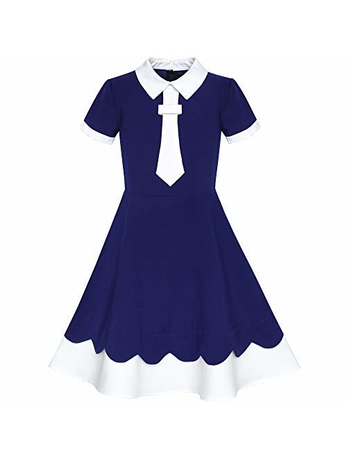 Sunny Fashion Girls Dress Back School Navy Blue White Collar Tie Short Sleeve